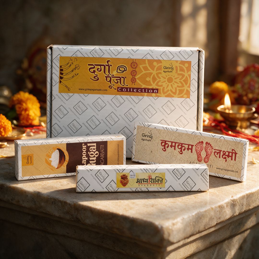 Durga Puja Collection open gift box top view with three fragrances