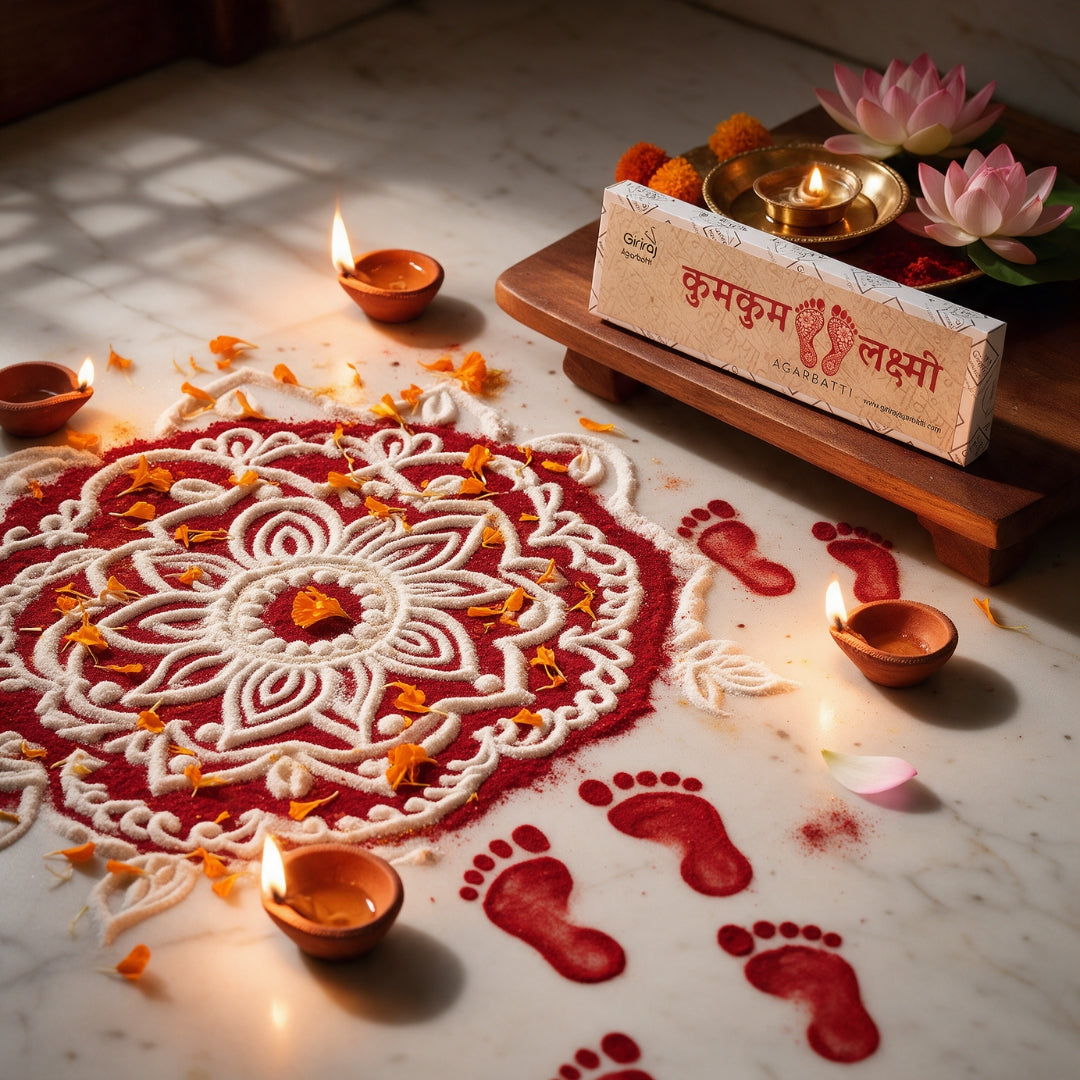 Kumkum Lakshmi agarbatti with rangoli and Lakshmi footprints and diyas