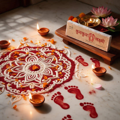 Kumkum Lakshmi agarbatti with rangoli and Lakshmi footprints and diyas