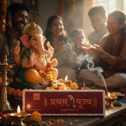 Pratham Pujya Ganesh agarbatti box with marigold and rangoli