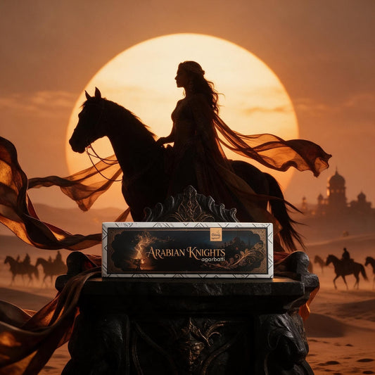 Arabian Knights oriental oudh agarbatti by Giriraj — desert sunset with rider