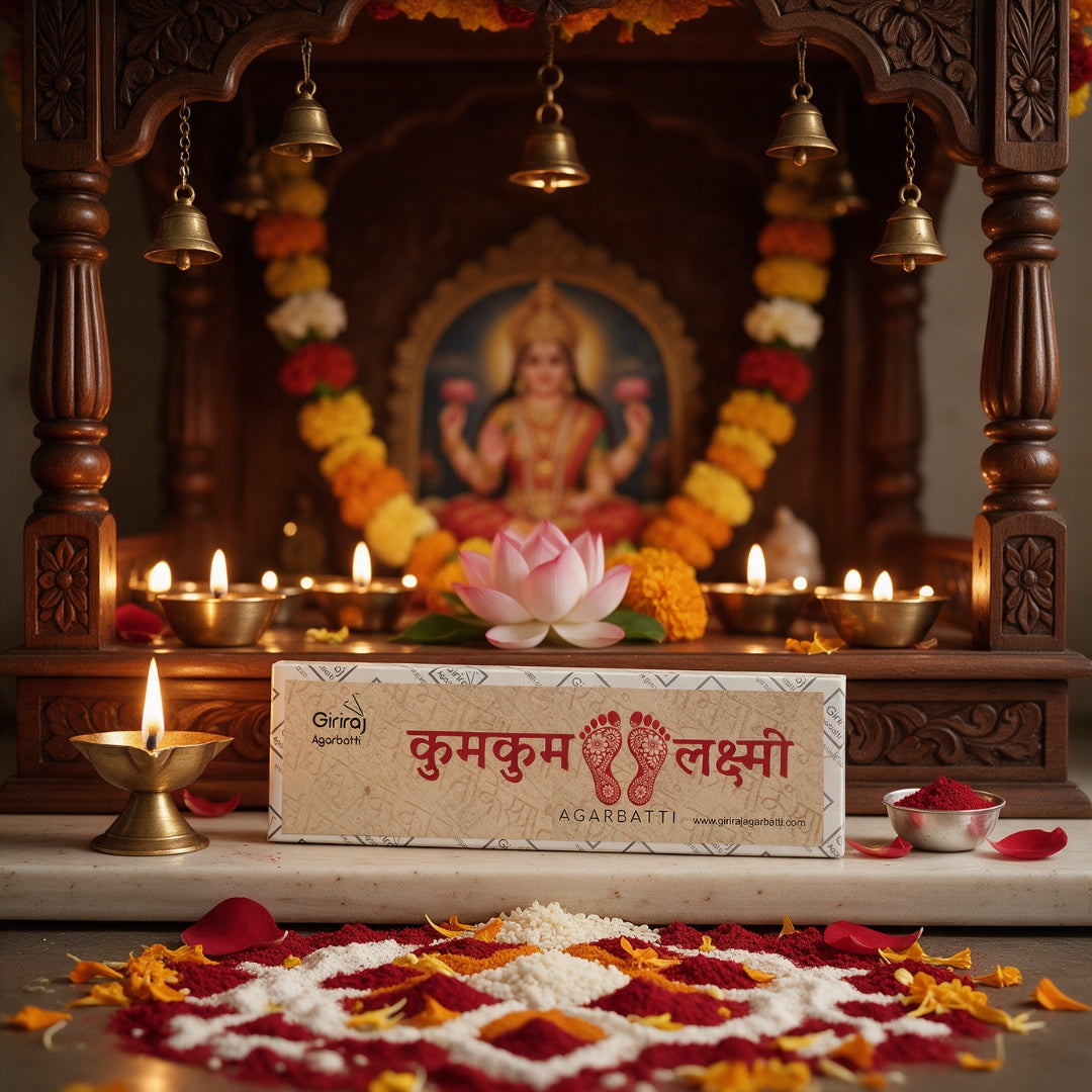 Kumkum Lakshmi Diwali agarbatti with Goddess Lakshmi idol, diyas and lotus