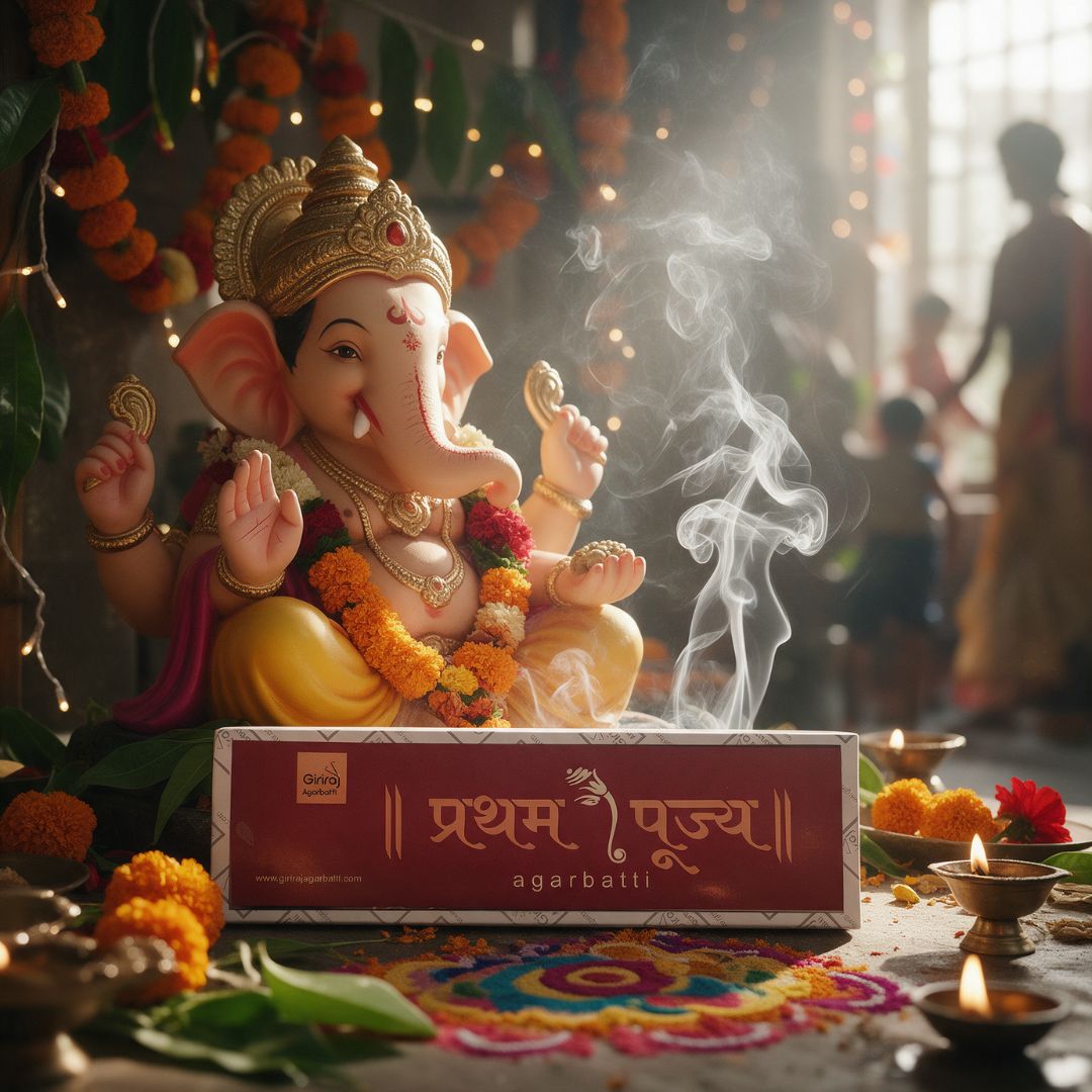 Pratham Pujya agarbatti box with family celebrating Ganesh puja