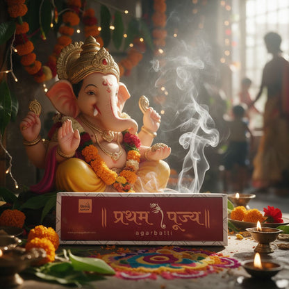 Pratham Pujya agarbatti box with family celebrating Ganesh puja