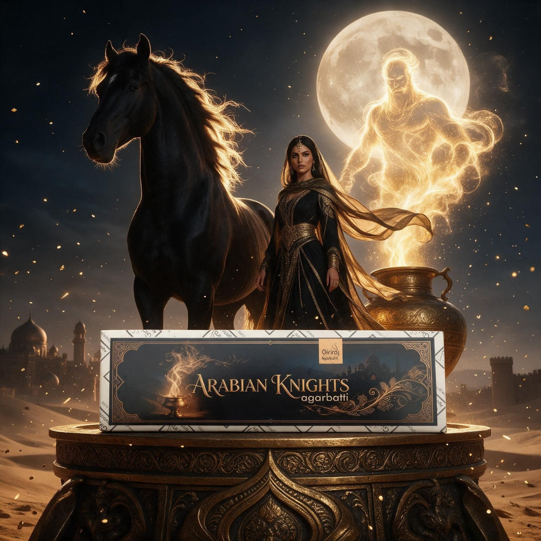 Arabian Knights agarbatti box with Arabian night scene and golden genie
