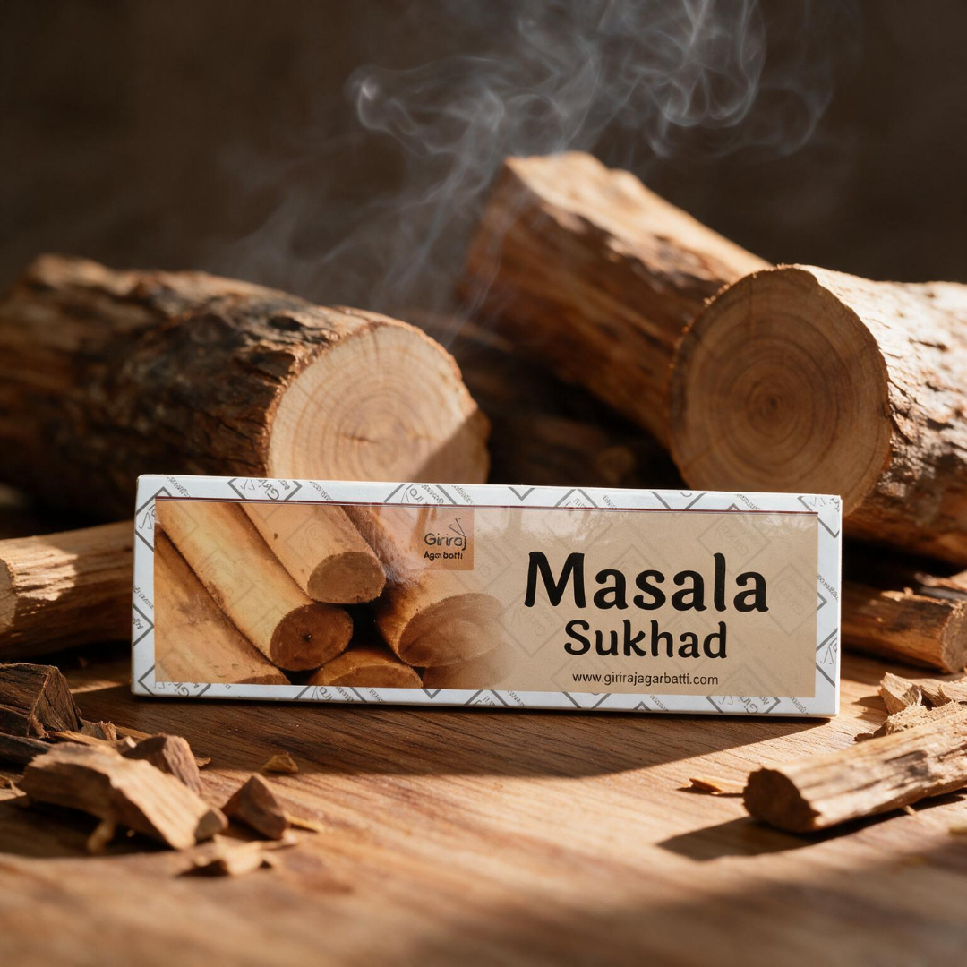 Masala Sukhad sandalwood agarbatti box with sandalwood logs and smoke