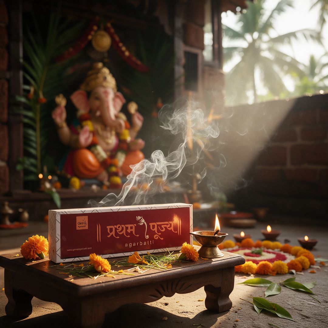 Pratham Pujya agarbatti box on a puja chowki with diya and marigold