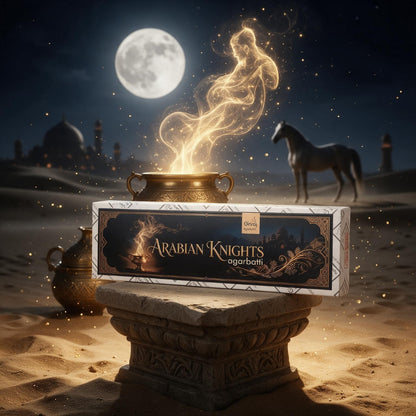 Arabian Knights agarbatti box on a desert pedestal with rising golden smoke