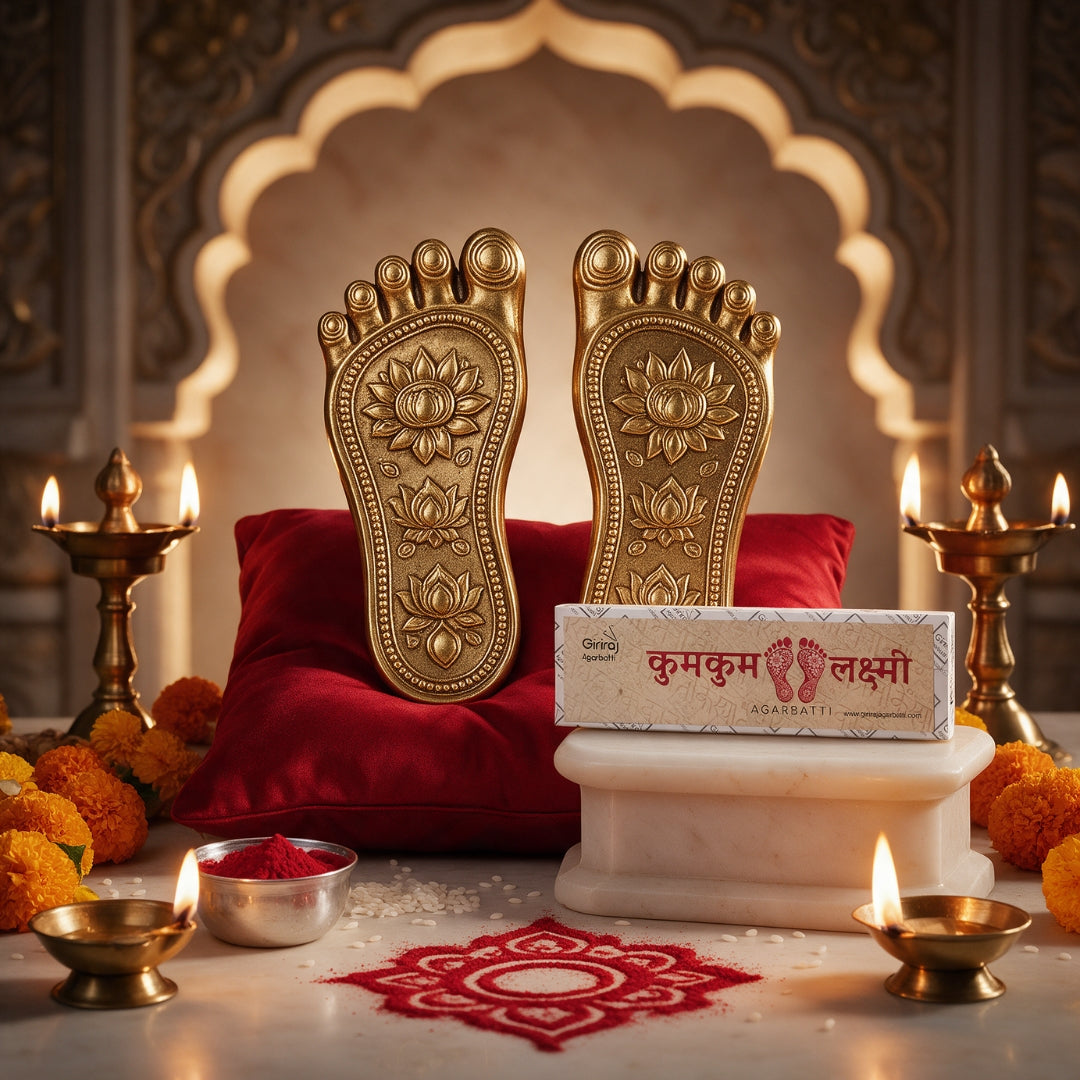Kumkum Lakshmi agarbatti with golden Lakshmi charan paduka and diyas