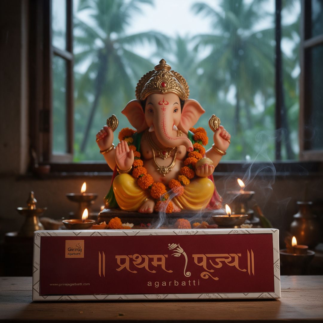 Pratham Pujya agarbatti box with Ganesha idol by a window