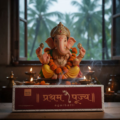 Pratham Pujya agarbatti box with Ganesha idol by a window
