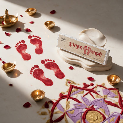 Kumkum Lakshmi agarbatti with kumkum footprints and rangoli