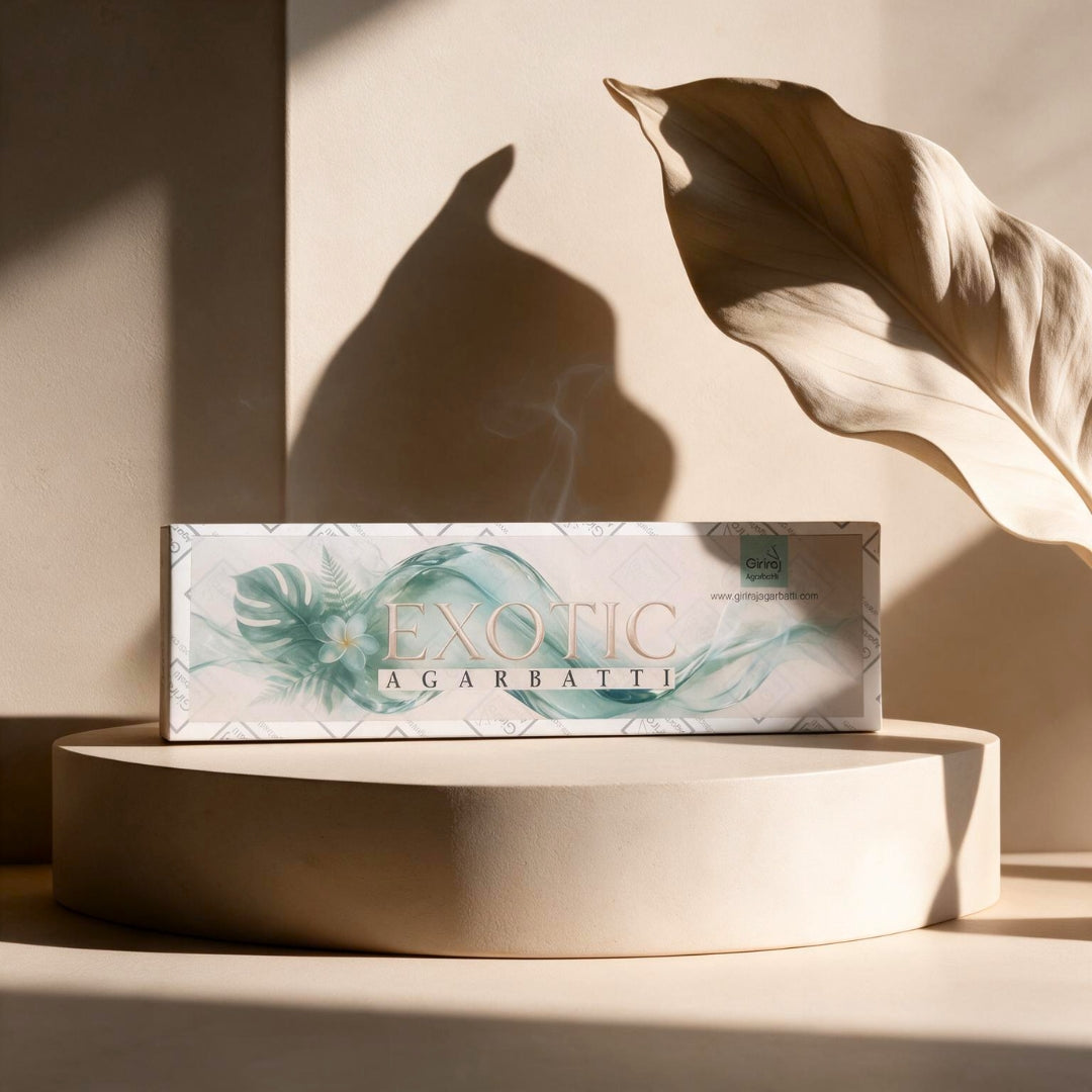 Exotic agarbatti box on a minimalist podium with soft leaf shadow