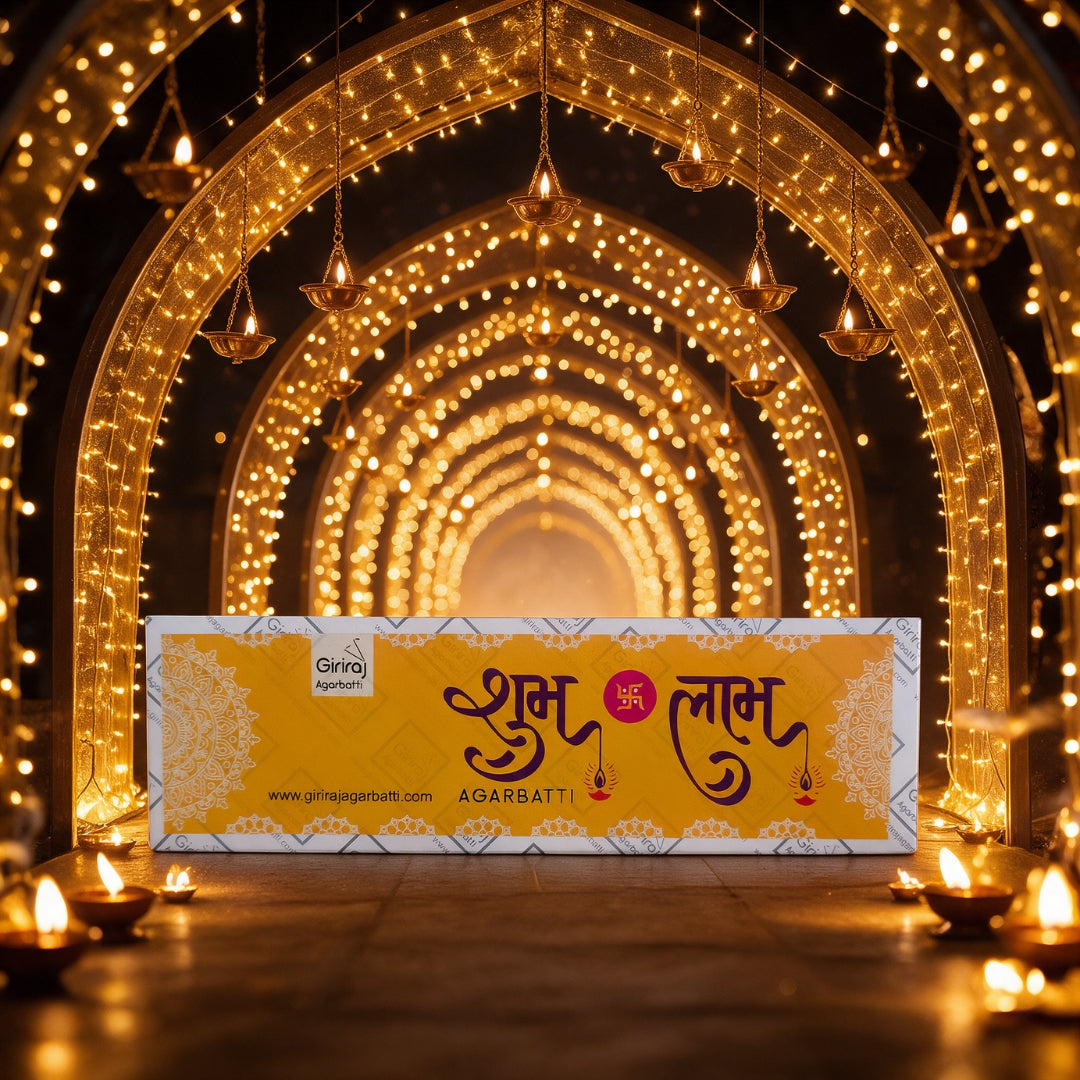 Shubh Labh Diwali agarbatti box in a golden arch of diyas and fairy lights