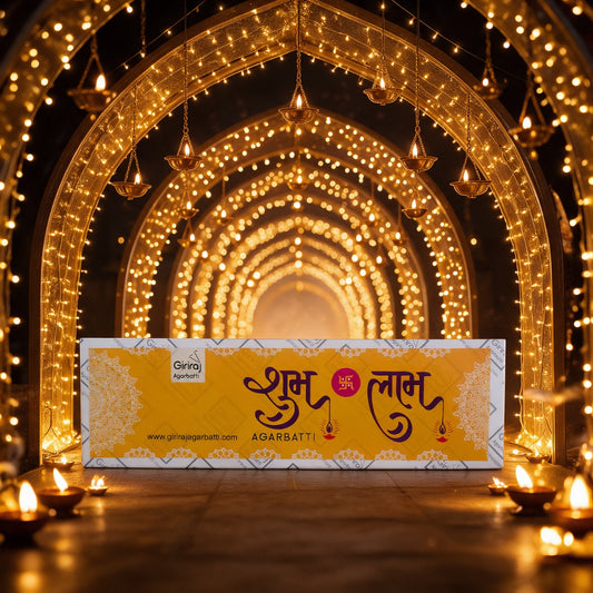 Shubh Labh Diwali agarbatti box in a golden arch of diyas and fairy lights
