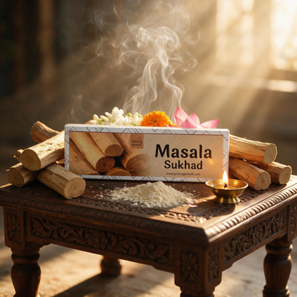 Masala Sukhad sandalwood agarbatti on a puja table with diya and flowers