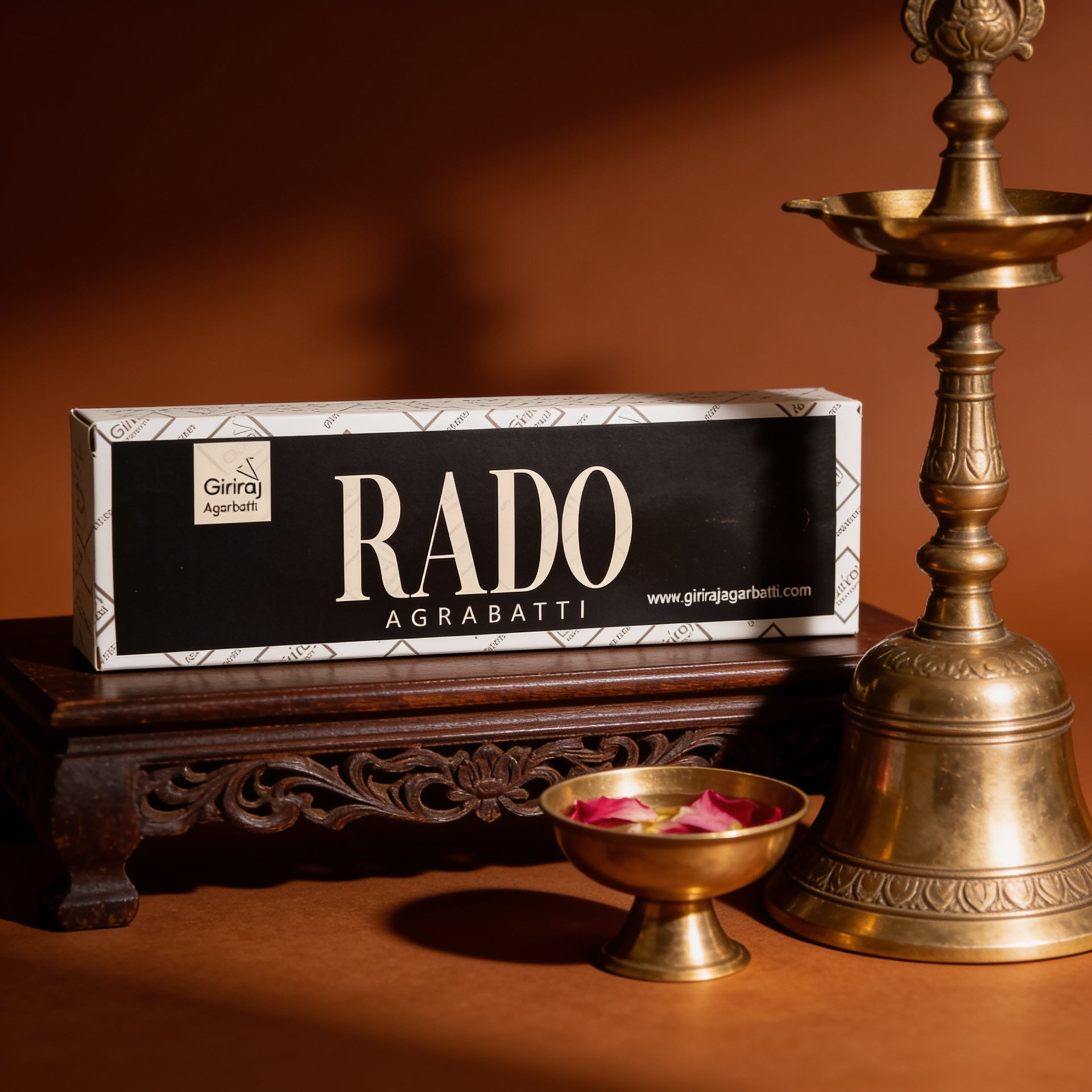 Rado Agarbatti incense box with brass temple bell and diya