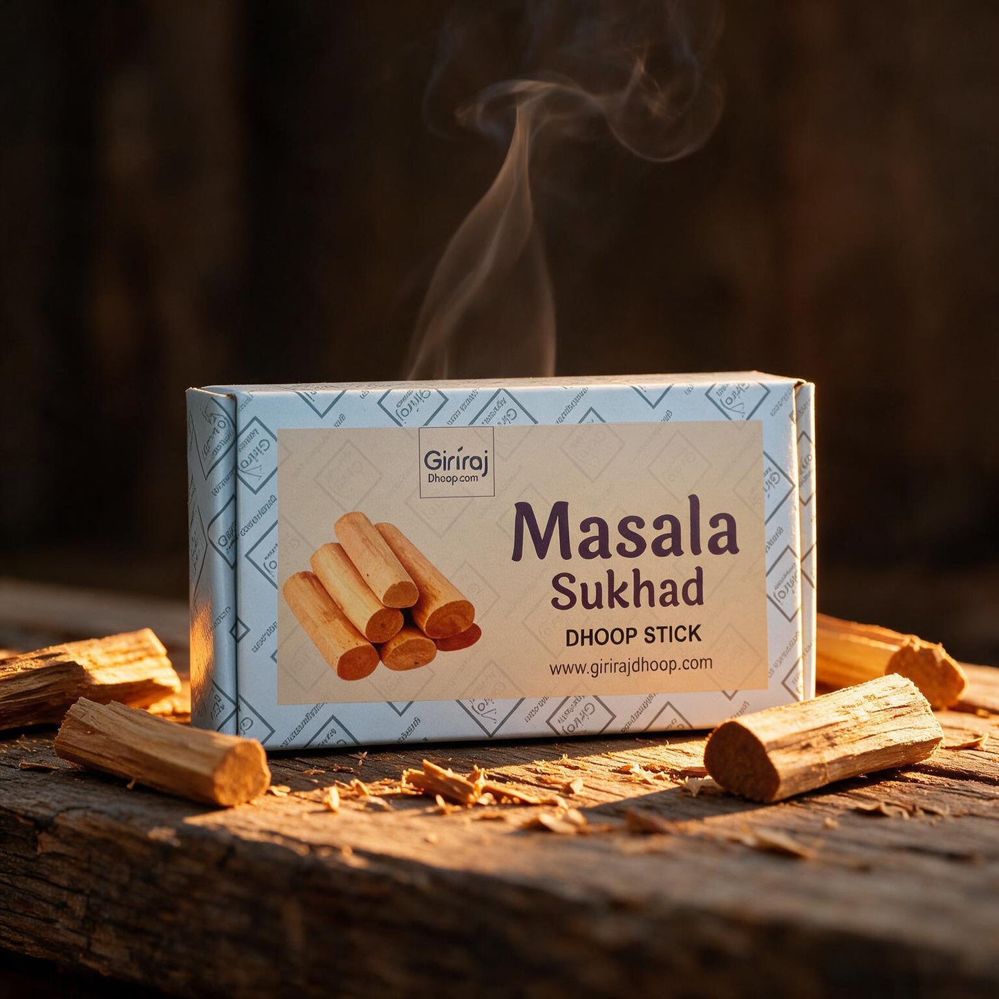 Masala Sukhad Dhoop Stick box with sandalwood logs and rising smoke