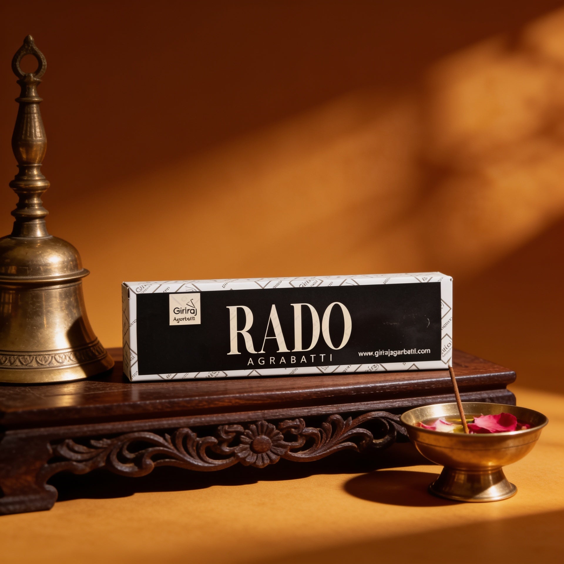 Rado Agarbatti incense box in a traditional puja setting
