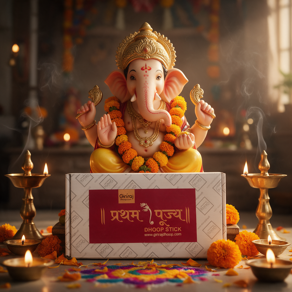 Pratham Pujya Dhoop Stick box with decorated Lord Ganesha idol, diyas and marigold