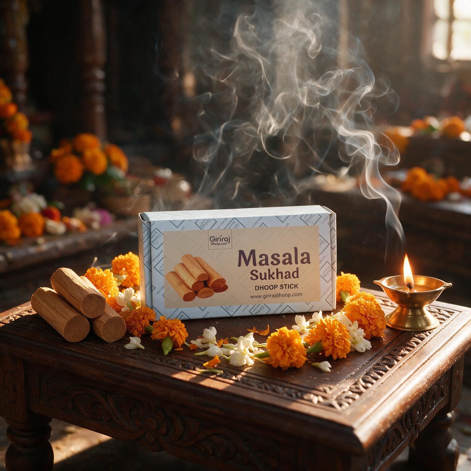 Masala Sukhad Dhoop Stick on a carved puja table with brass diya and flowers